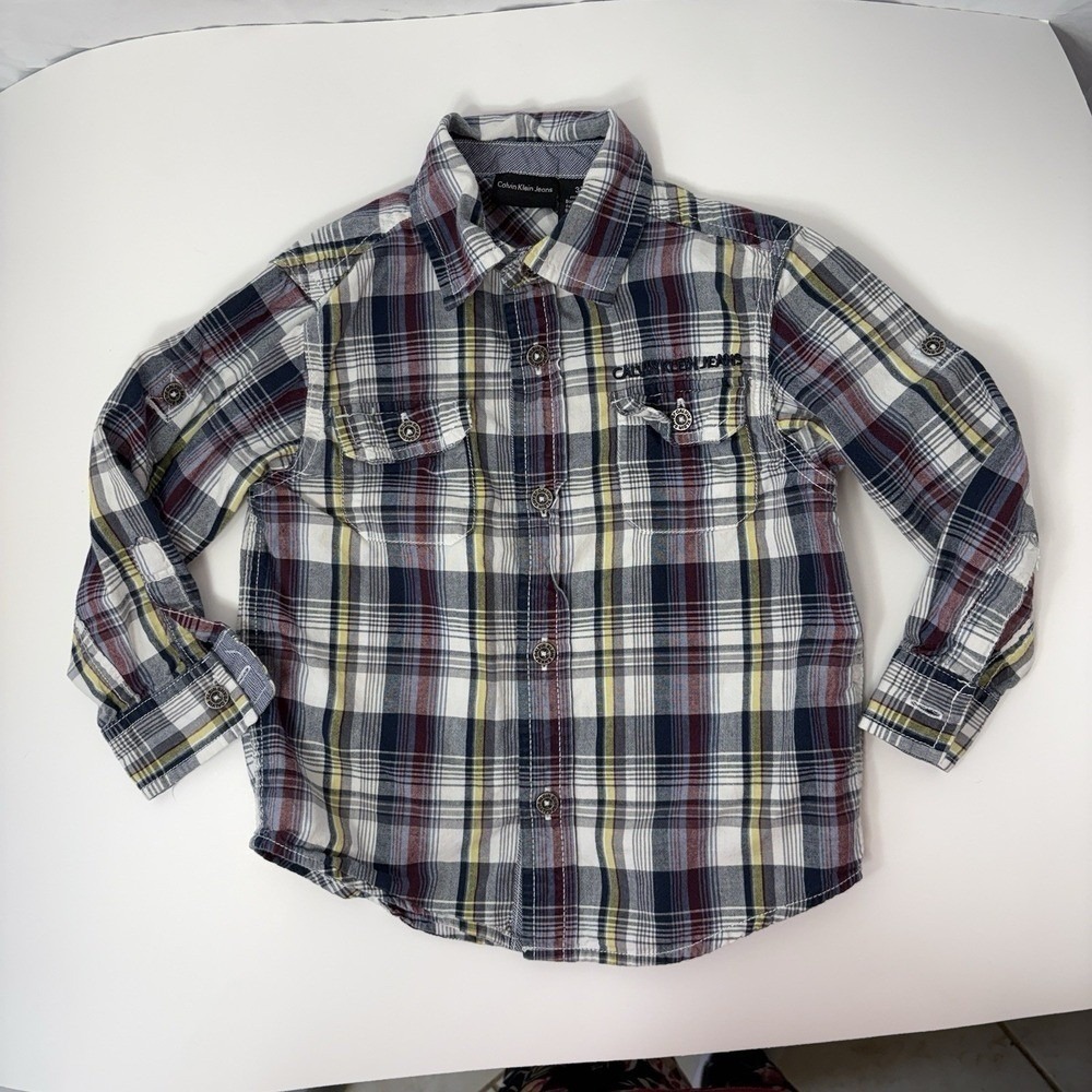 Calvin Klein Jeans Boys Plaid Button Up Shirt 3T Graphic‎ On Back, Long Sleeve